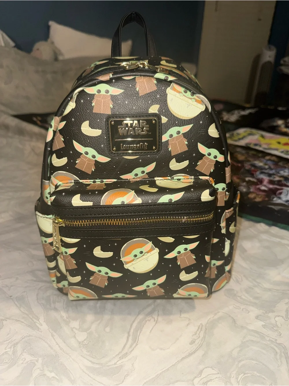 Loungefly Star Wars Grogu Repeat Print Black Mini Backpack with Gold Accent